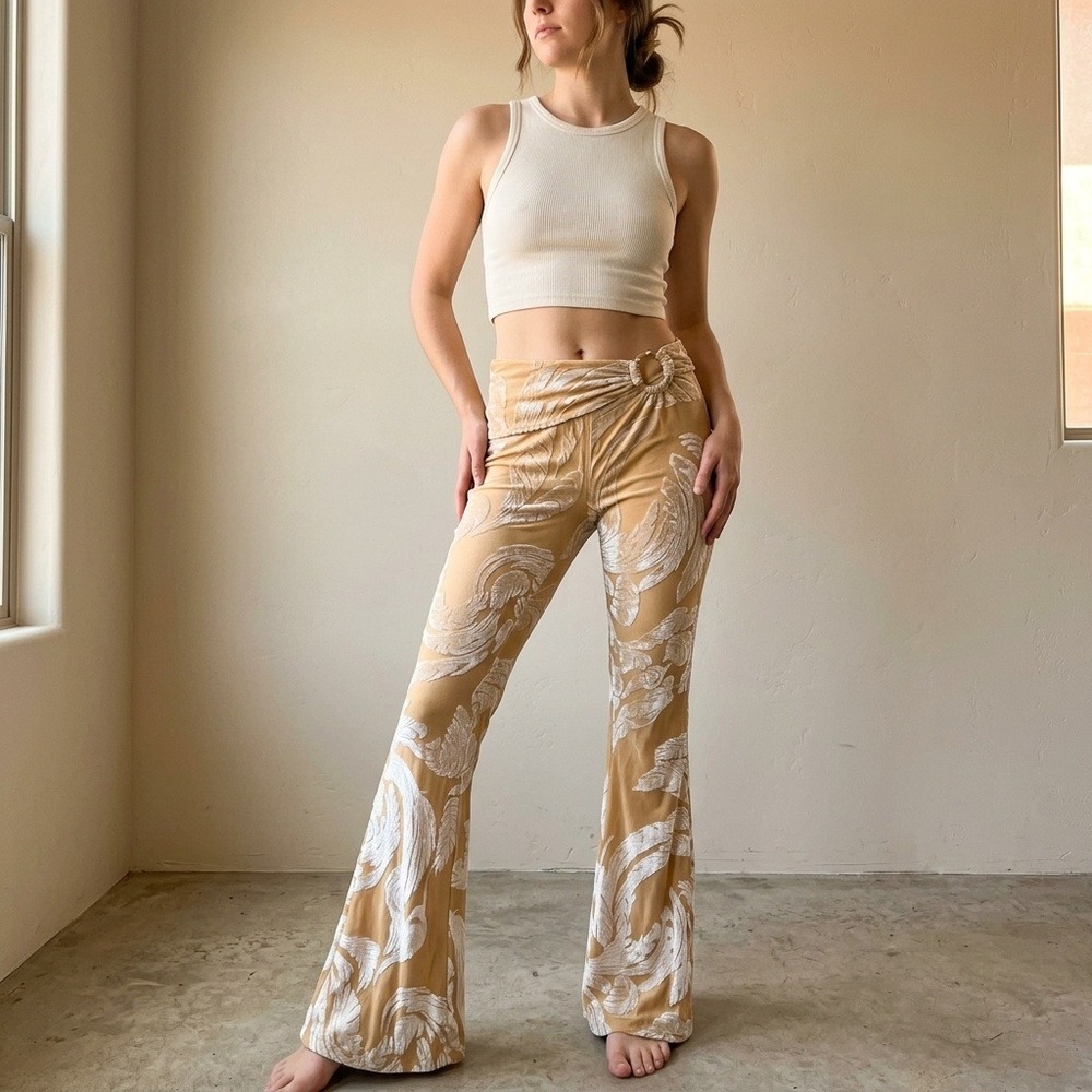 Oh Polly Womens Pants 2 Tan Burnout Velvet Leaf Flare Gold Ring Boho Glam